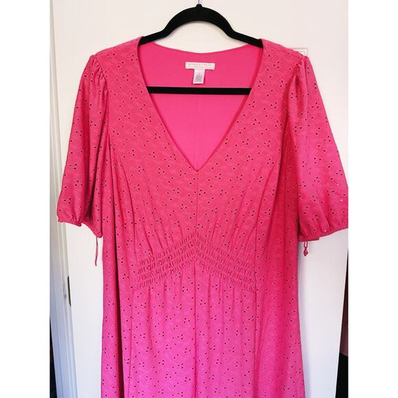 London Times Pink V-Neck Fit & Flare Dress Flowy Smocked Waist 1X Coquette Date - Picture 6 of 8